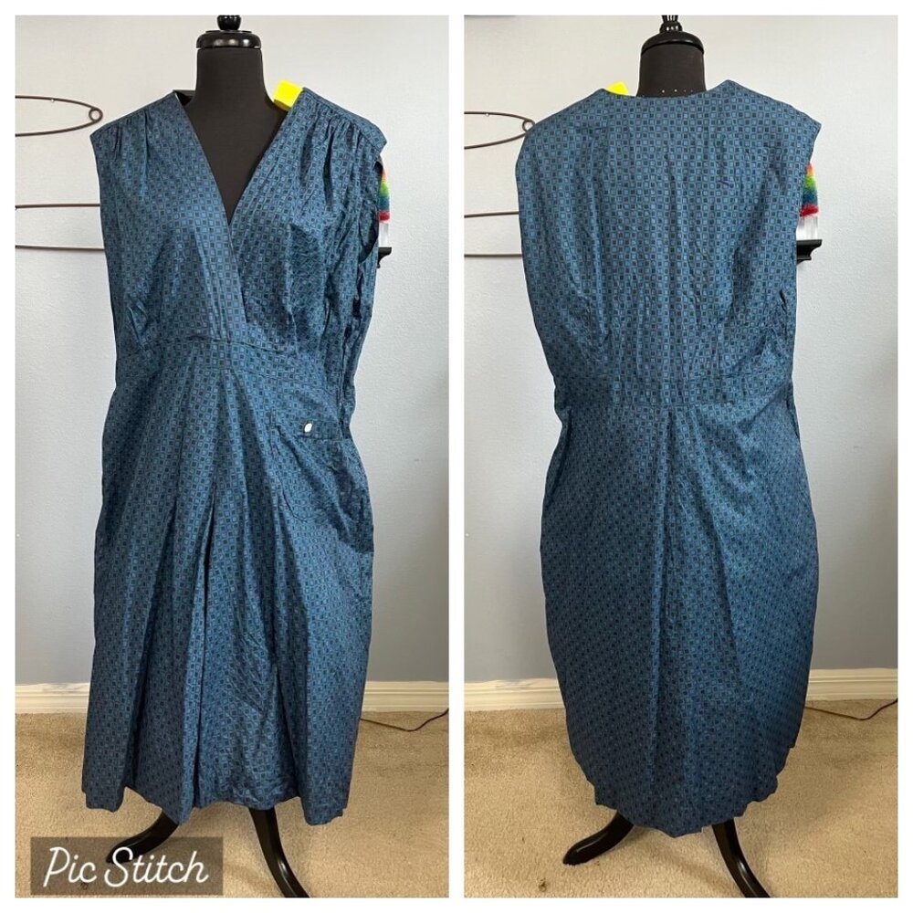 Handmade 40s Plus Size V Neck Jumper Dress Blue and Black Check Print XXL